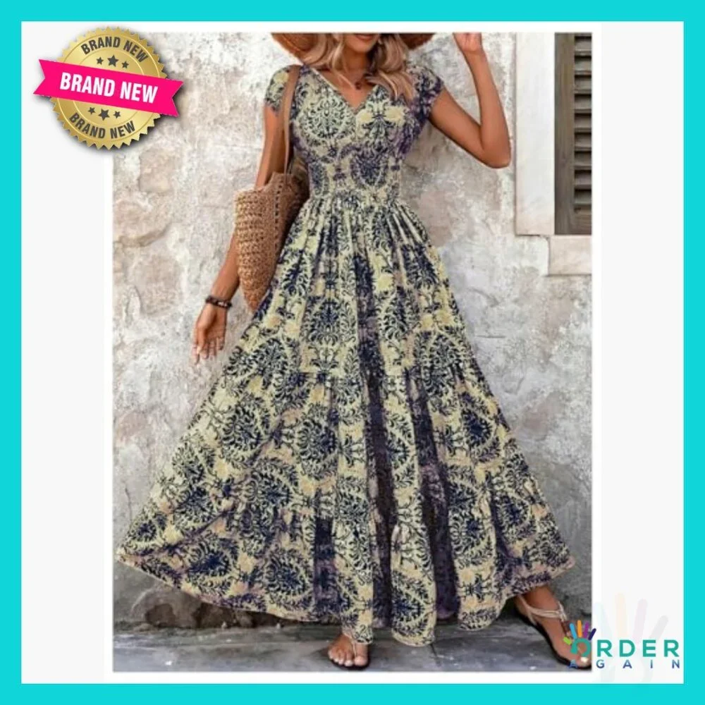 Vintage Boho Maxi Dress Floral Print Smocked Waist Summer Casual Vacation - Picture 4 of 5